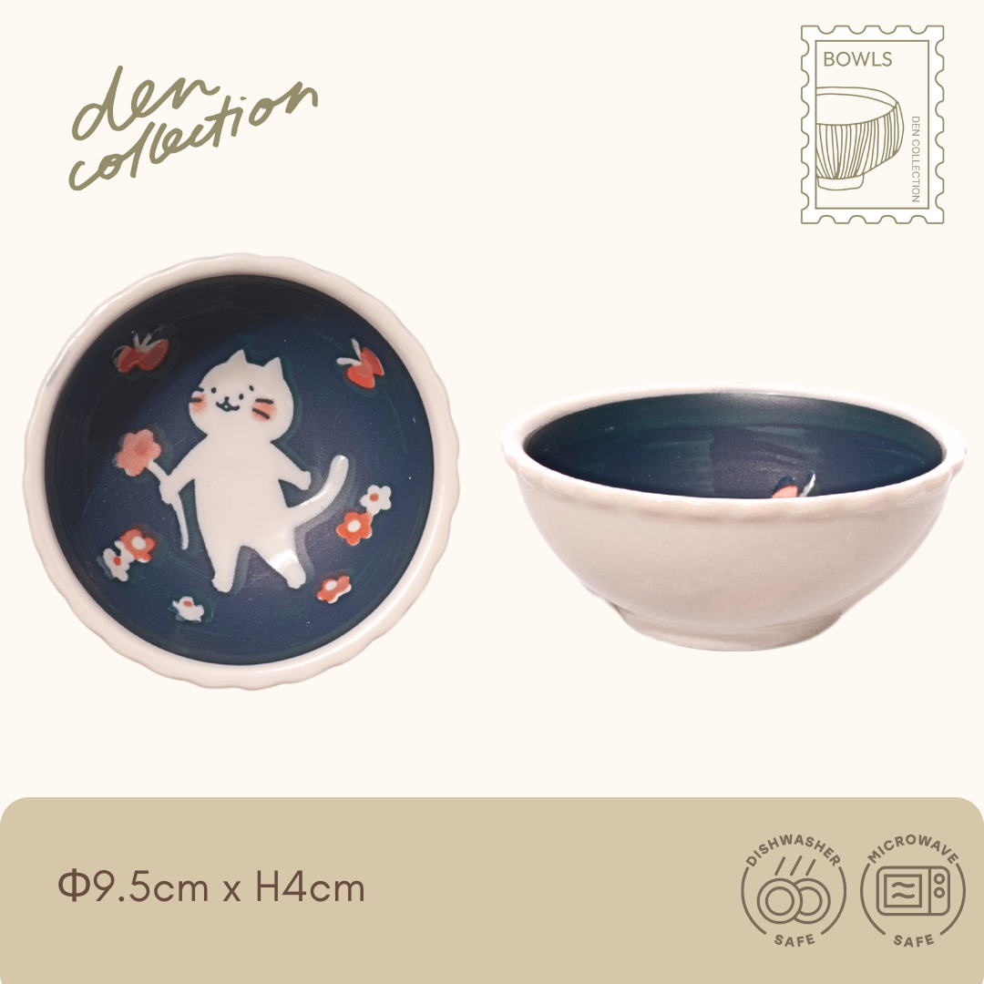 Shiro no Kyuujitsu Bowl – blossom walk design with cat and flowers. Japanese ceramic bowl perfect for spring-themed meals.  
シロの休日ボウル(春のひととき)。お花畑を歩く猫が描かれた、春らしく可愛らしい日本製の陶器小鉢。